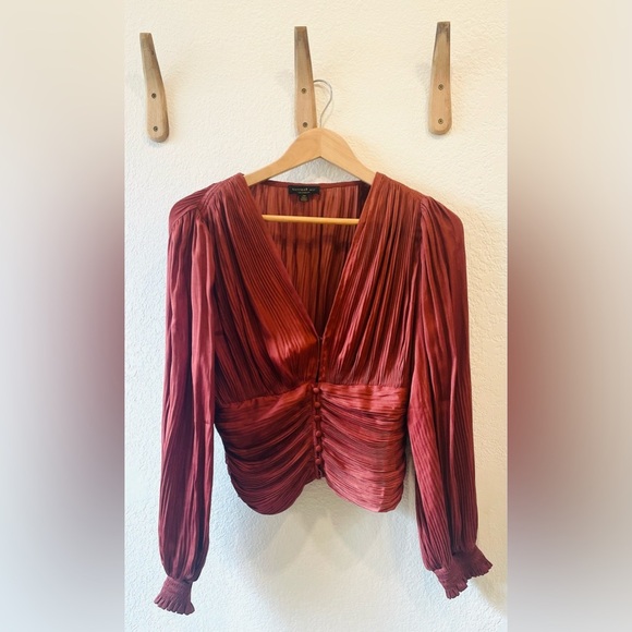 Anthropologie Current Air Long Sleeve Satin Ruched Corset Top Rust Brown Size XS - Picture 2 of 4